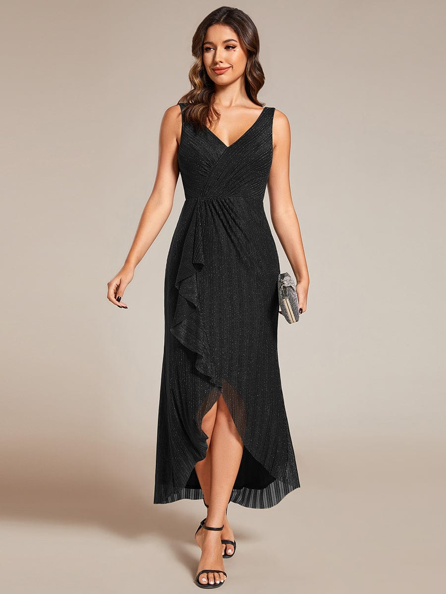 Sleeveless High-Low Fishtail Wedding Guest Dress with Lotus Leaf #color_Black