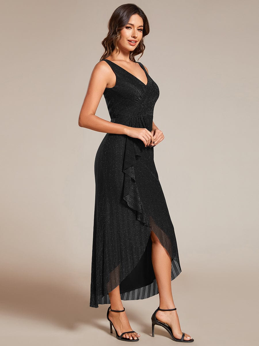 Sleeveless High-Low Fishtail Wedding Guest Dress with Lotus Leaf #color_Black