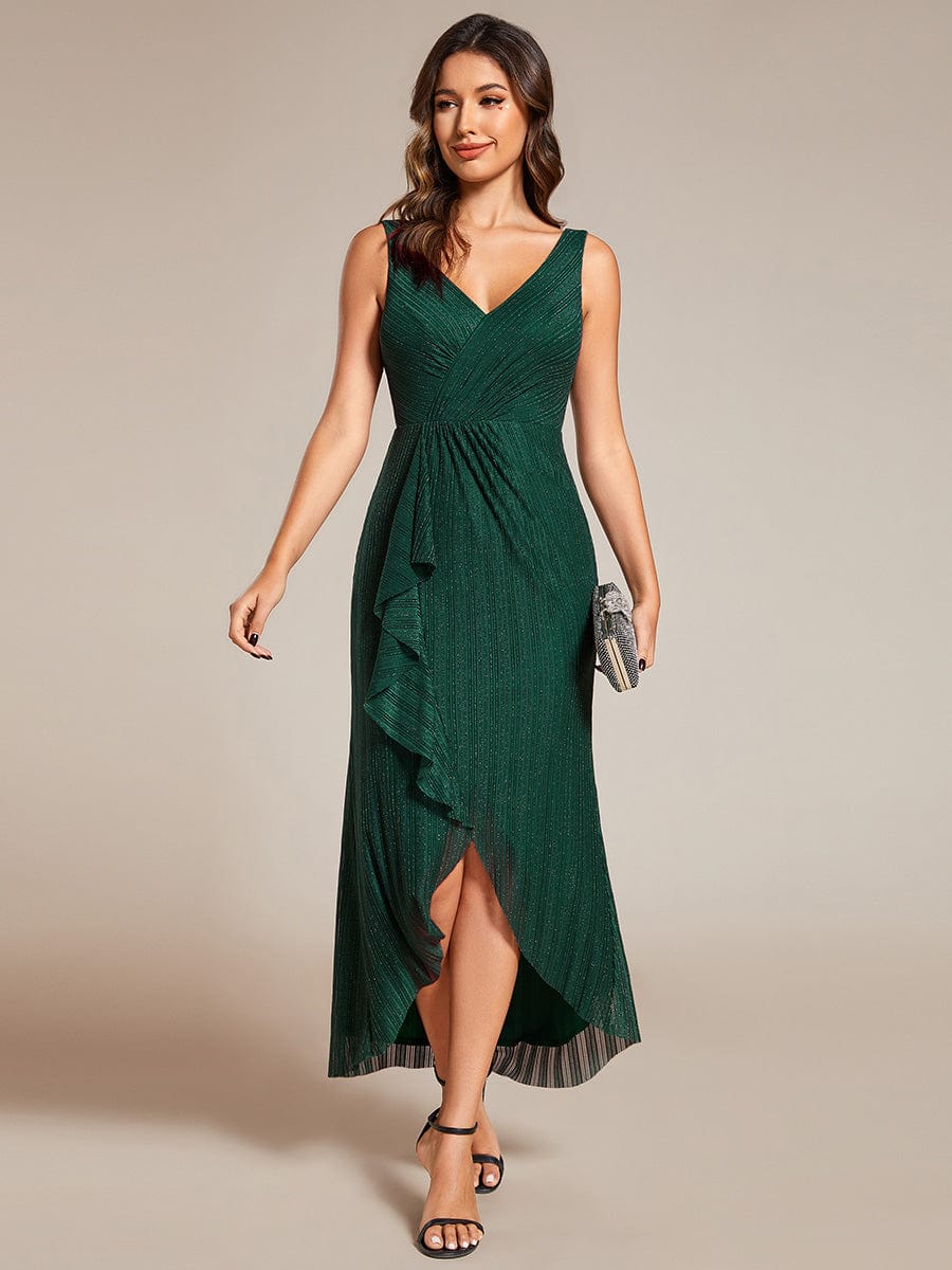 Sleeveless High-Low Fishtail Wedding Guest Dress with Lotus Leaf #color_Dark Green