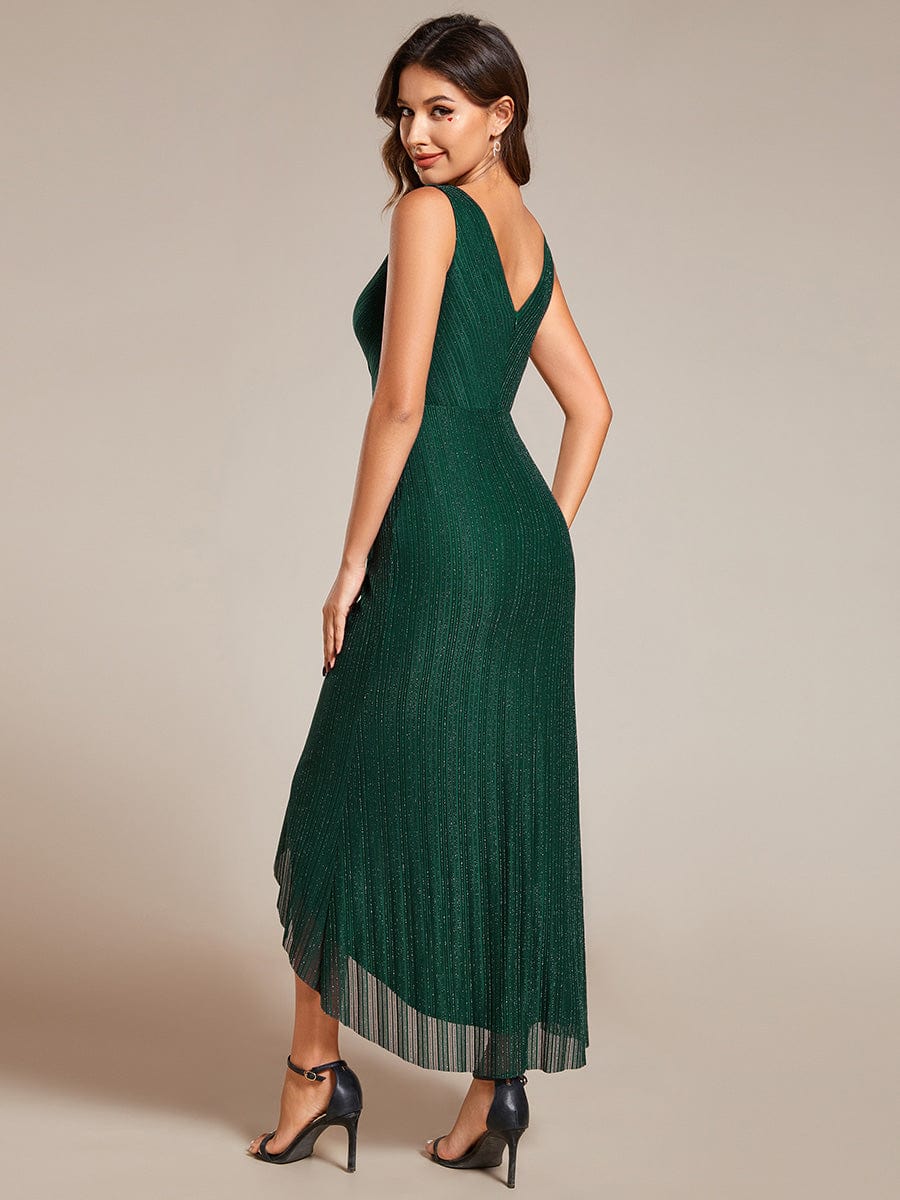 Sleeveless High-Low Fishtail Wedding Guest Dress with Lotus Leaf #color_Dark Green