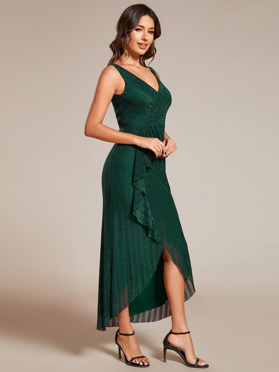 Sleeveless High-Low Fishtail Wedding Guest Dress with Lotus Leaf #color_Dark Green