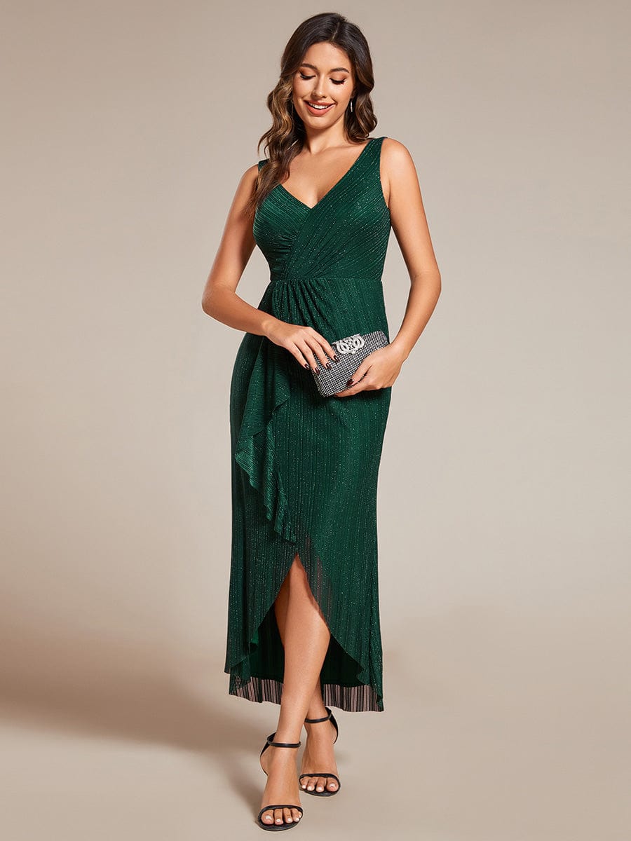 Sleeveless High-Low Fishtail Wedding Guest Dress with Lotus Leaf #color_Dark Green