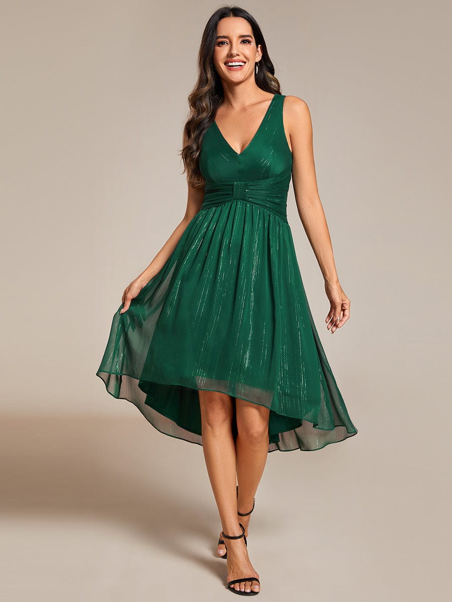 Glitter High-Low  Waist Pleated Sleeveless Wedding Guest Dress #color_Dark Green