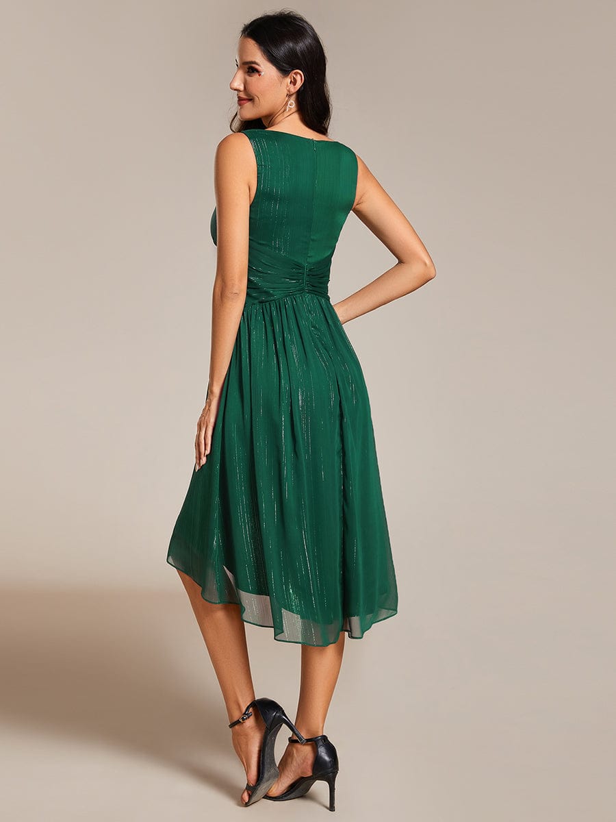 Glitter High-Low  Waist Pleated Sleeveless Wedding Guest Dress #color_Dark Green