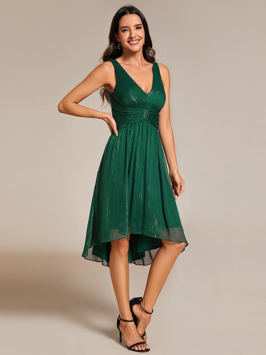 Glitter High-Low  Waist Pleated Sleeveless Wedding Guest Dress #color_Dark Green