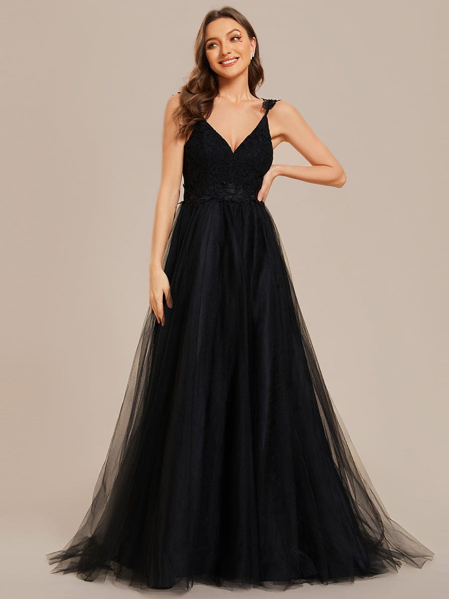 Double V Neck Lace Bodice Floor Length Tulle Wedding Dress #color_Black