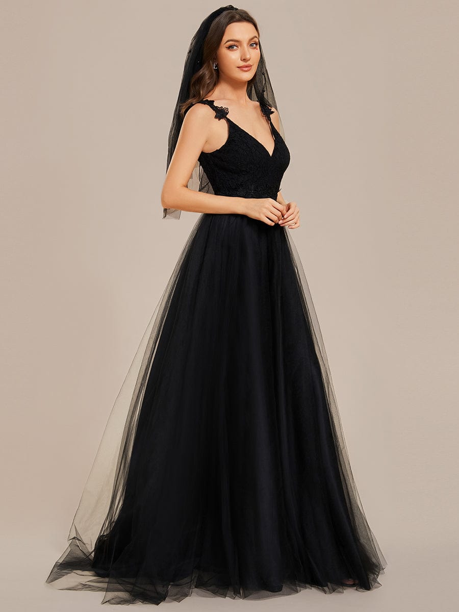 Double V Neck Lace Bodice Floor Length Tulle Wedding Dress #color_Black