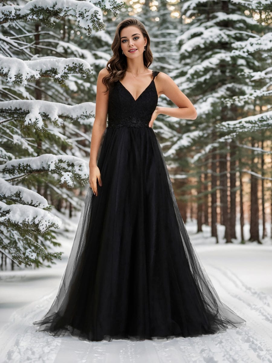 Double V Neck Lace Bodice Floor Length Tulle Wedding Dress #color_Black