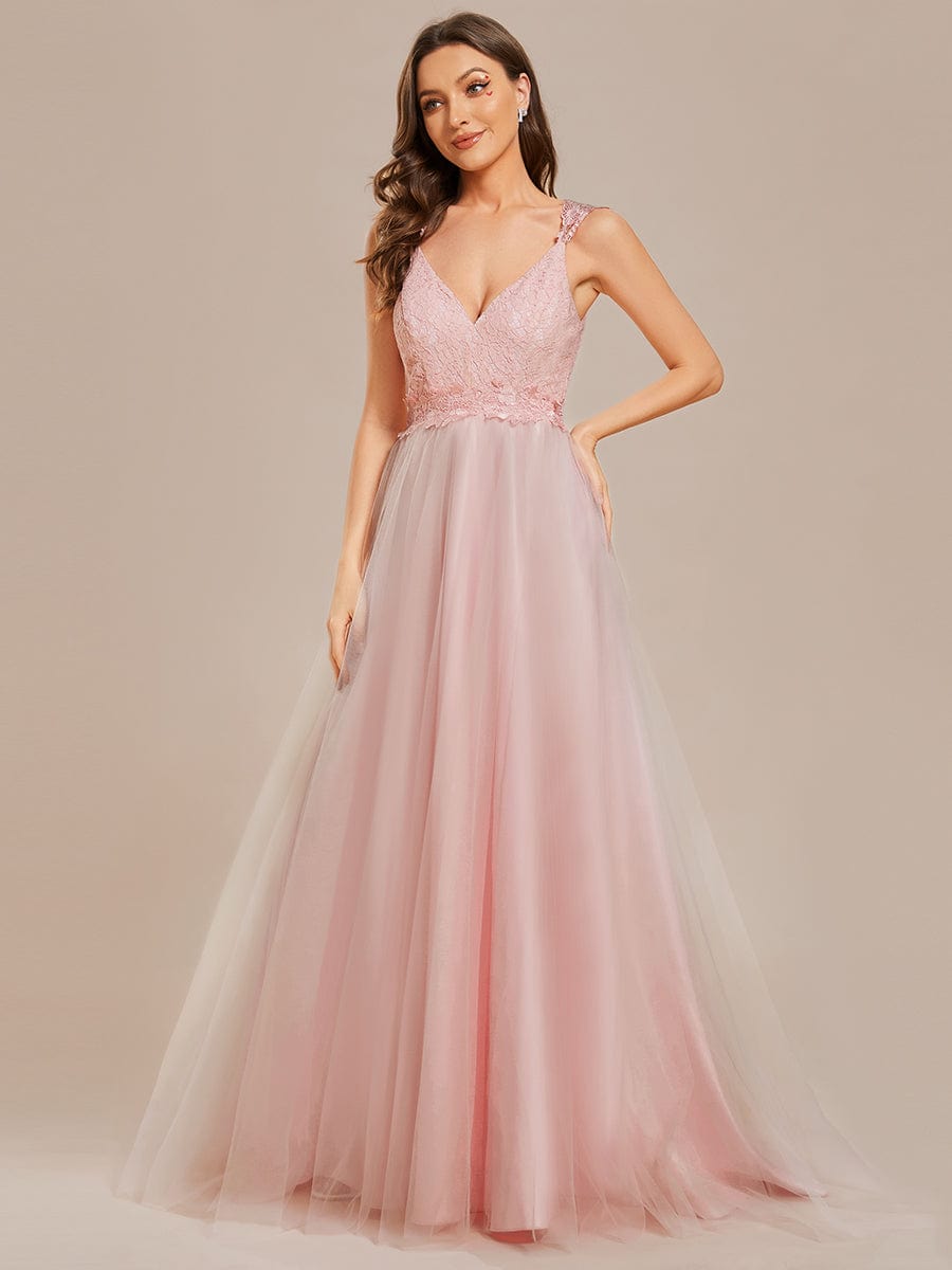 Double V Neck Lace Bodice Floor Length Tulle Wedding Dress #color_Pink