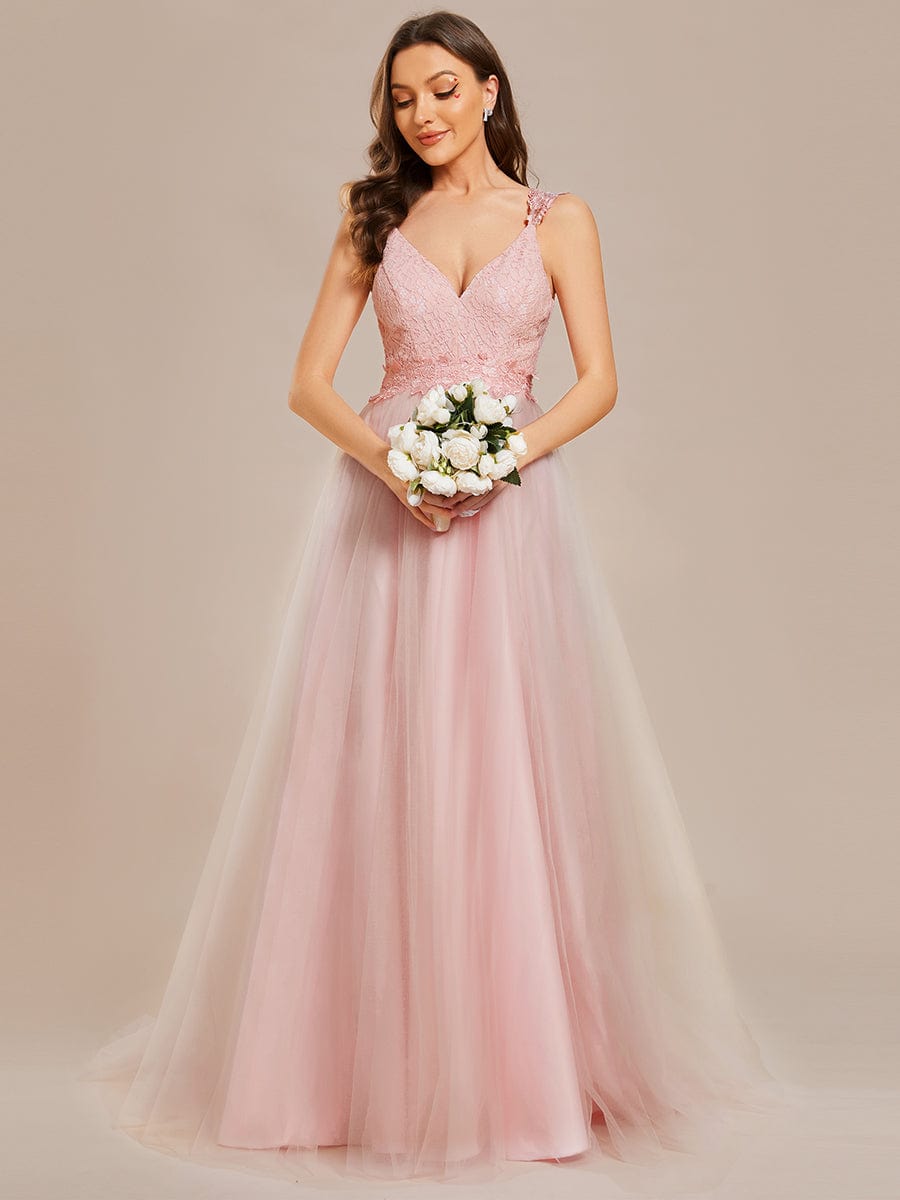 Double V Neck Lace Bodice Floor Length Tulle Wedding Dress #color_Pink