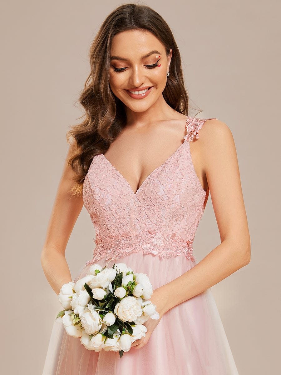 Double V Neck Lace Bodice Floor Length Tulle Wedding Dress #color_Pink