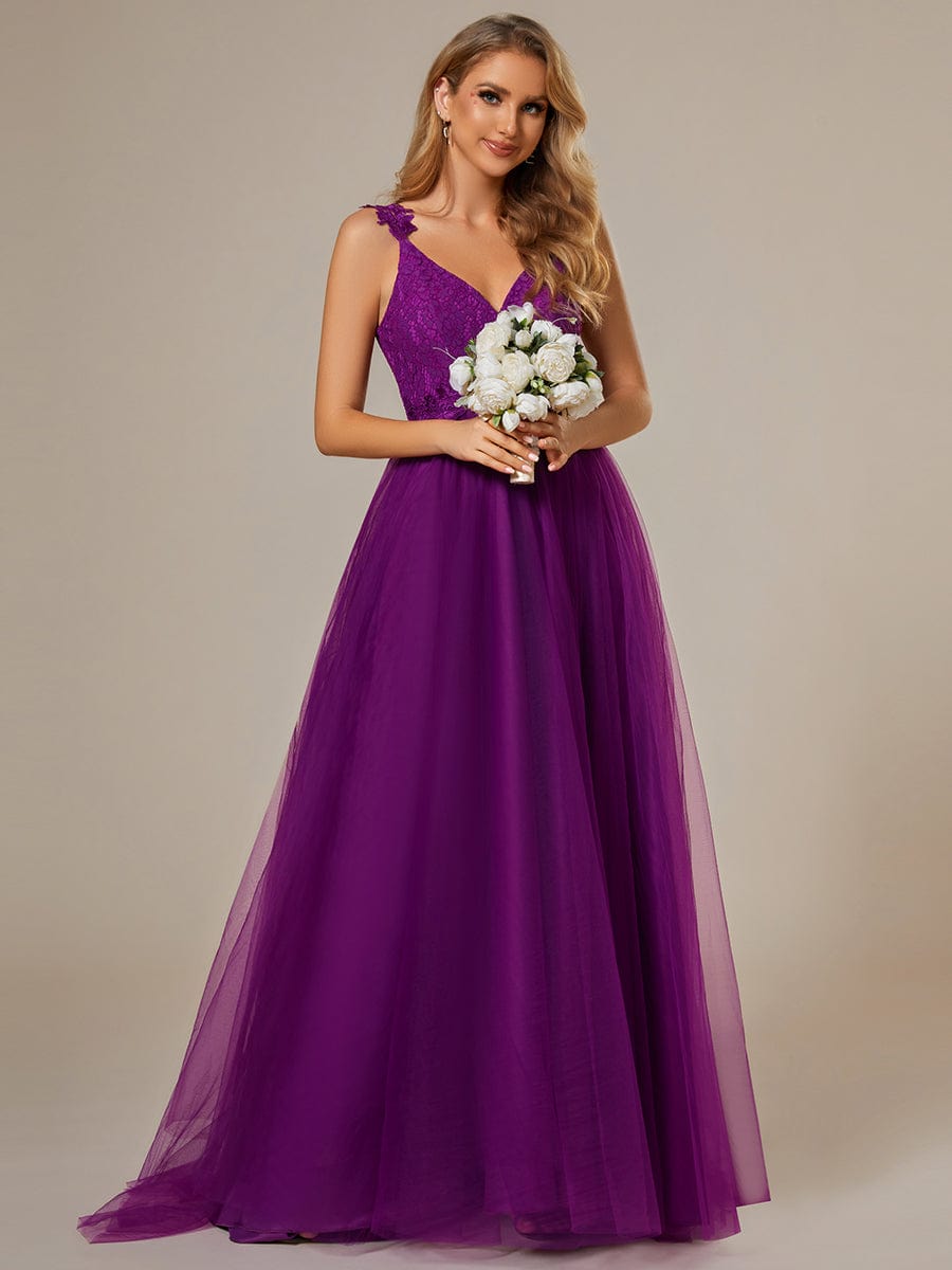 Double V Neck Lace Bodice Floor Length Tulle Wedding Dress #color_Purple Wisteria