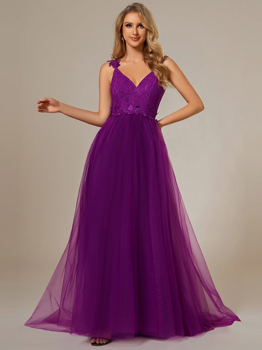 Double V Neck Lace Bodice Floor Length Tulle Wedding Dress #color_Purple Wisteria