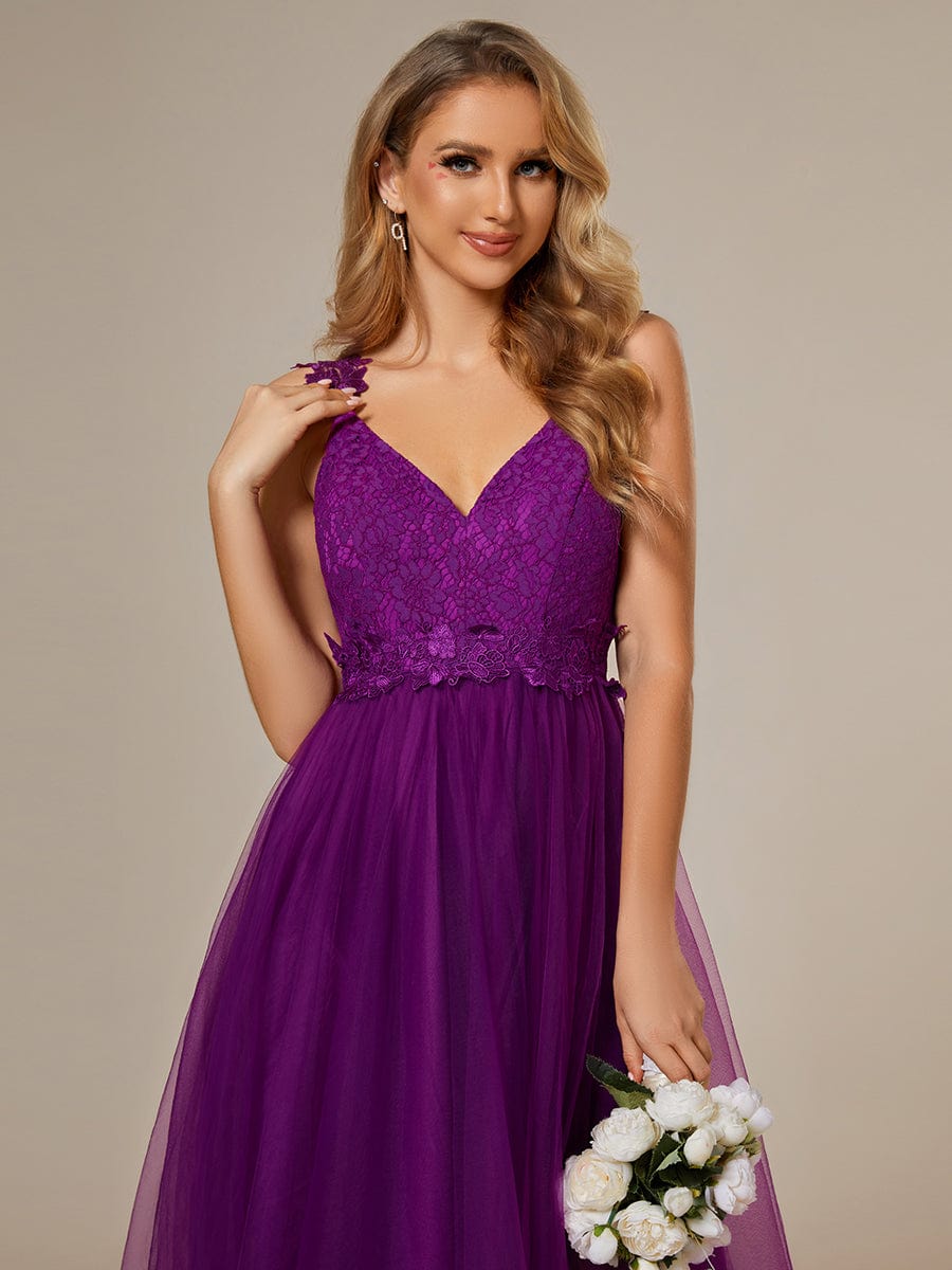 Double V Neck Lace Bodice Floor Length Tulle Wedding Dress #color_Purple Wisteria