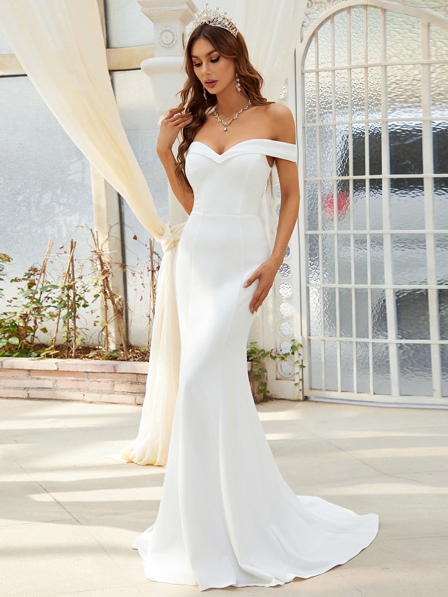 Plain Solid Color Off Shoulder Mermaid Wedding Dress #color_Cream