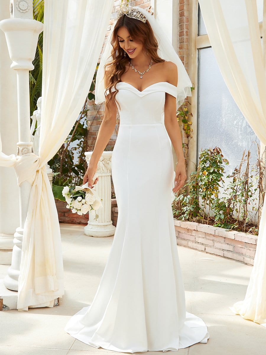 Plain Solid Color Off Shoulder Mermaid Wedding Dress #color_Cream