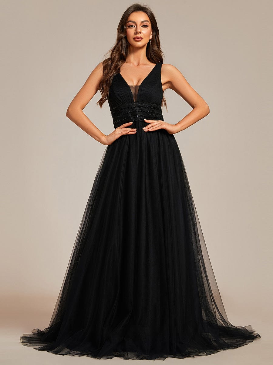 Sleeveless Deep V Low Back Long Wedding Dress #color_Black