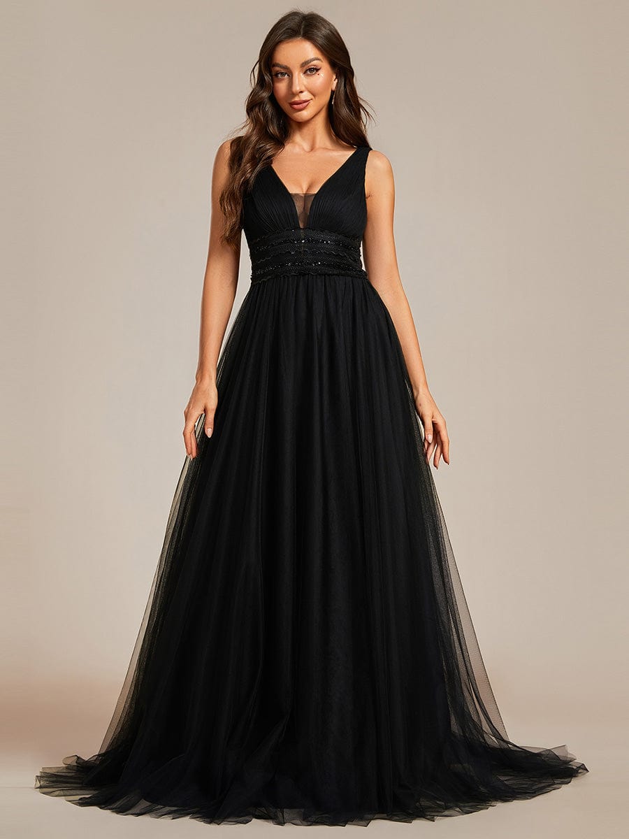 Sleeveless Deep V Low Back Long Wedding Dress #color_Black