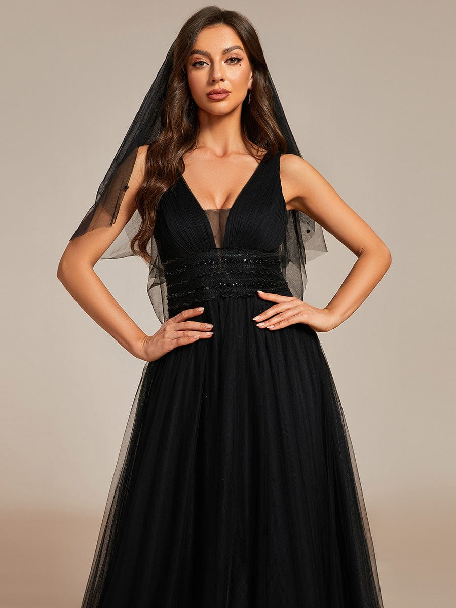 Sleeveless Deep V Low Back Long Wedding Dress #color_Black