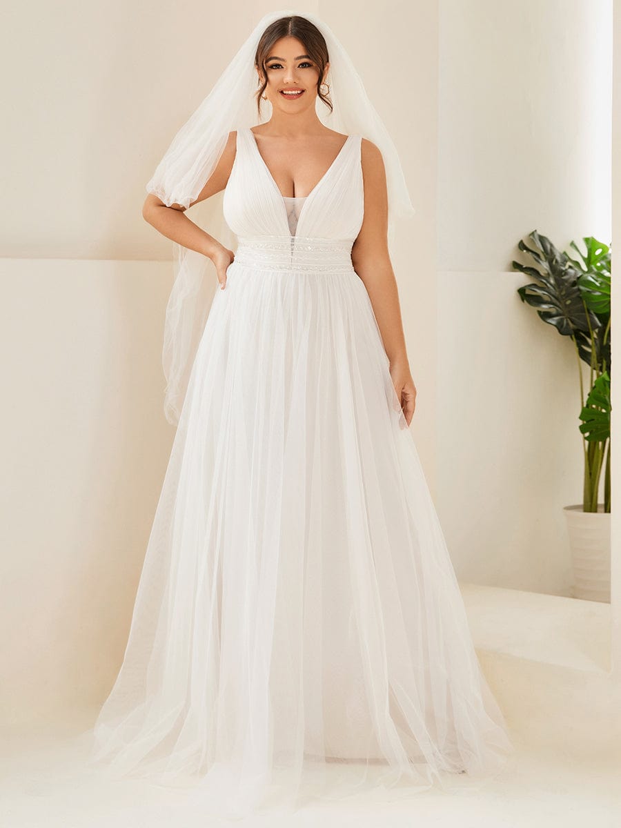 Plus Size Sleeveless Deep V Low Back Long Wedding Dress