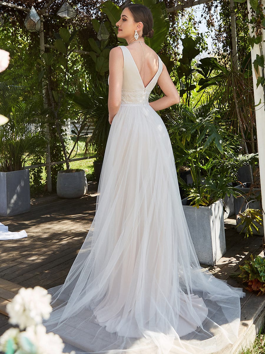 Sleeveless Deep V Low Back Long Wedding Dress #color_Ivory Yellow