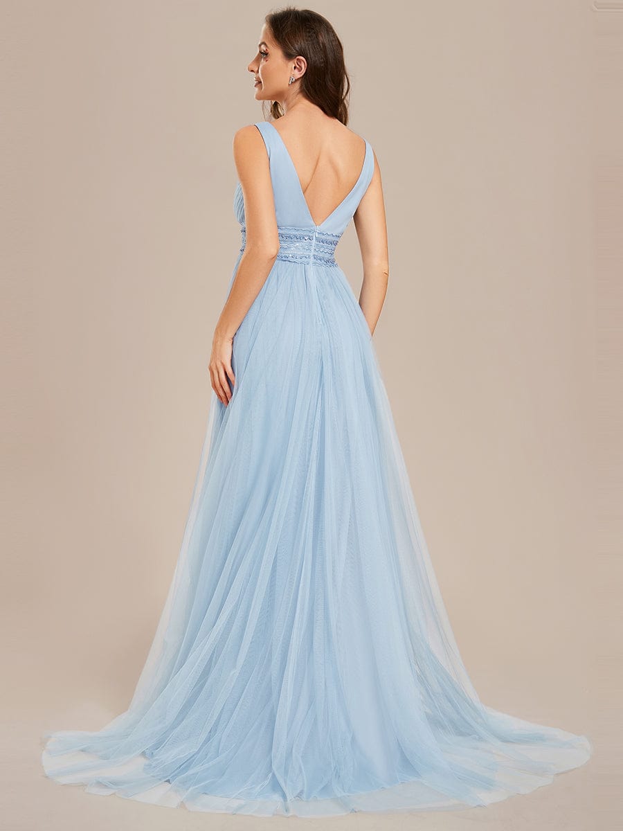 Sleeveless Deep V Low Back Long Wedding Dress #color_Light Blue