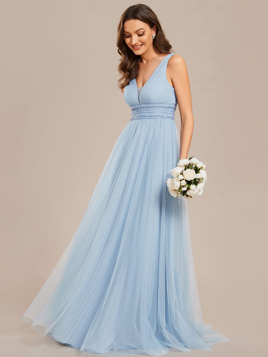 Sleeveless Deep V Low Back Long Wedding Dress #color_Light Blue