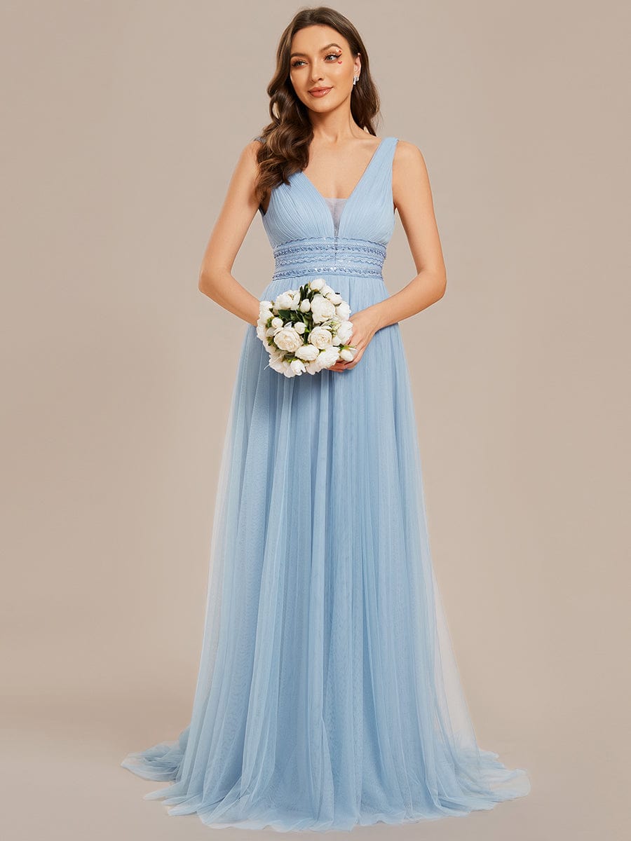 Sleeveless Deep V Low Back Long Wedding Dress #color_Light Blue