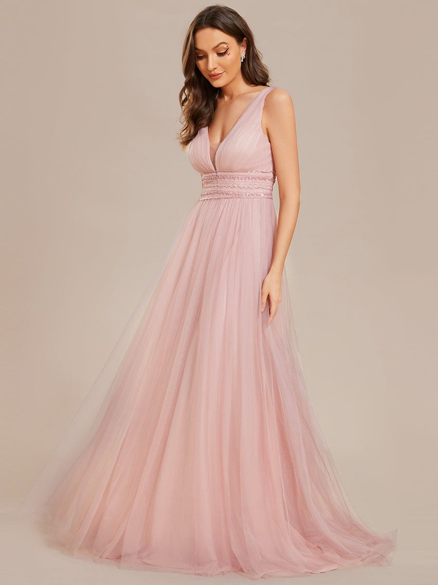 Sleeveless Deep V Low Back Long Wedding Dress #color_Pink