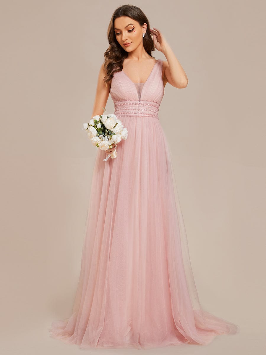 Sleeveless Deep V Low Back Long Wedding Dress #color_Pink