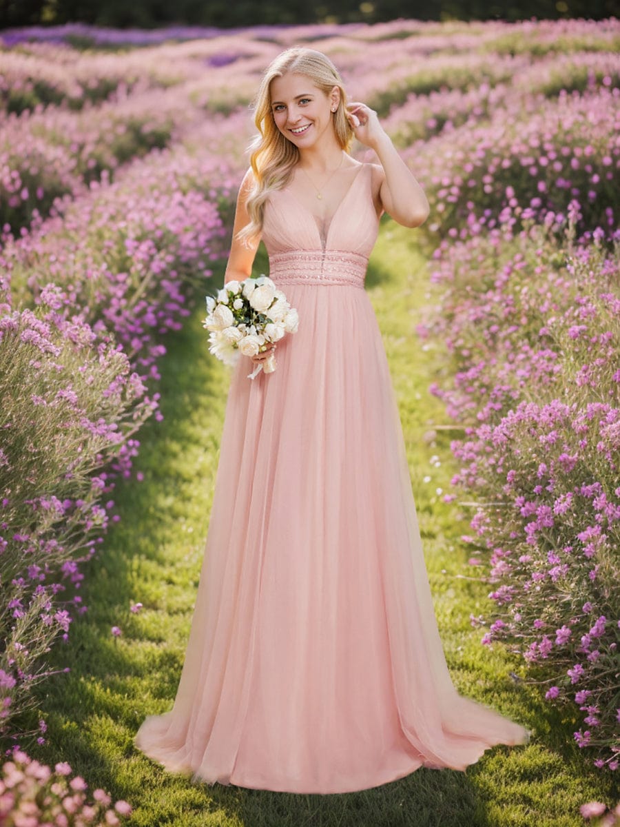 Sleeveless Deep V Low Back Long Wedding Dress #color_Pink