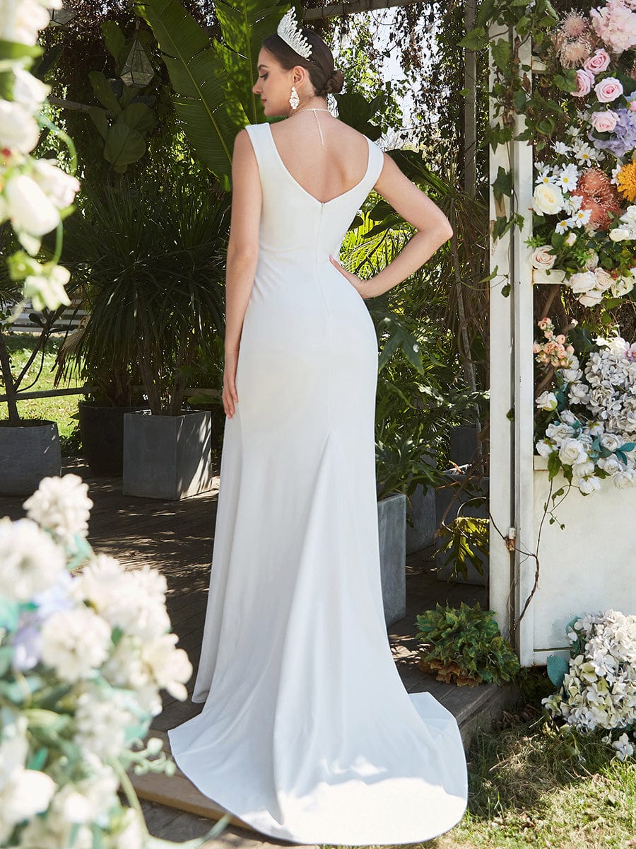 Sleeveless Ruched Sweetheart Fit and Flare Wedding Dress #color_White