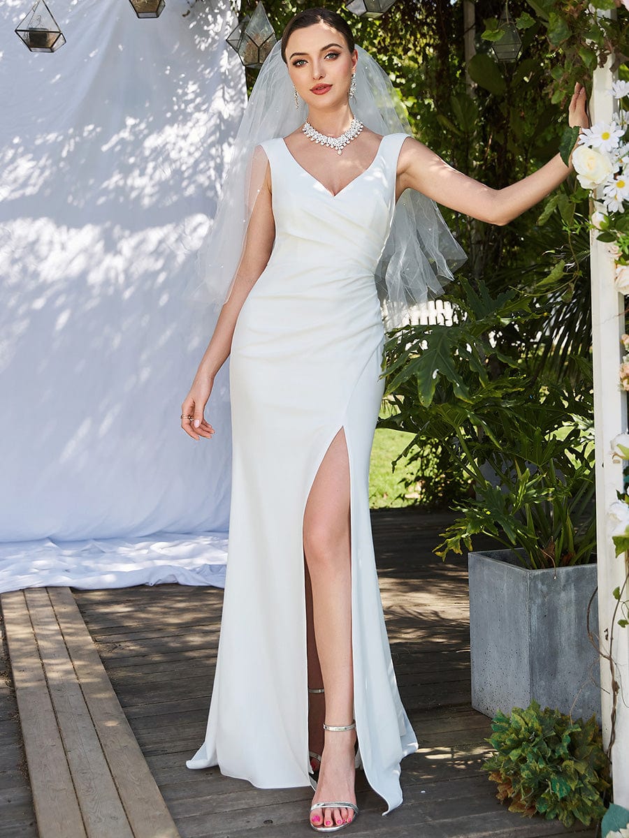 Sleeveless Ruched Sweetheart Fit and Flare Wedding Dress #color_White