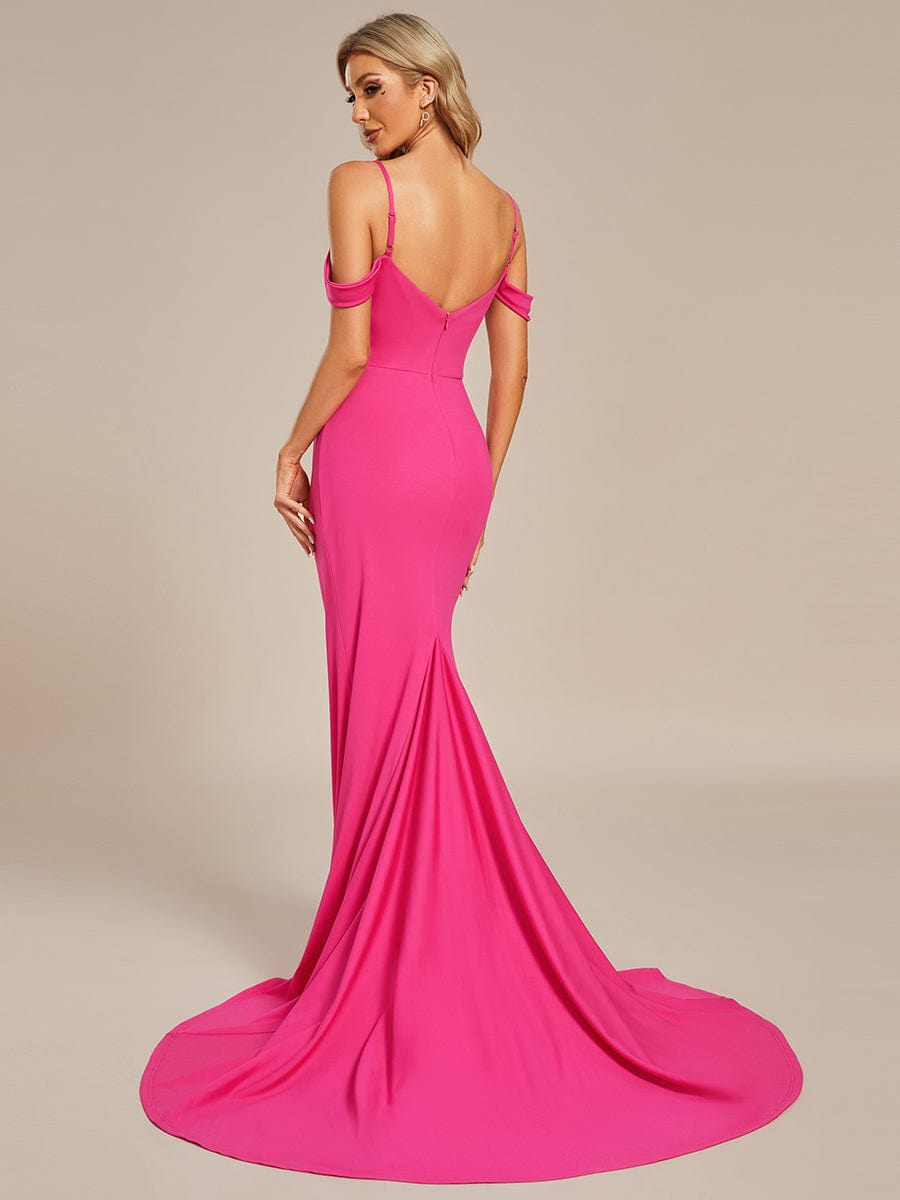 Simple Off Shoulder Wedding Dress with Strap Fish Tail Hemline #color_Hot Pink