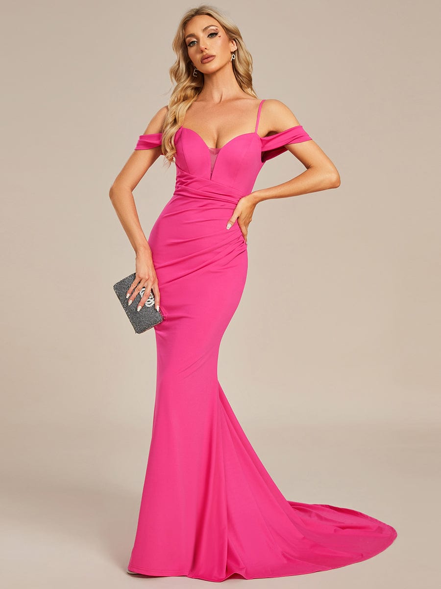 Simple Off Shoulder Wedding Dress with Strap Fish Tail Hemline #color_Hot Pink