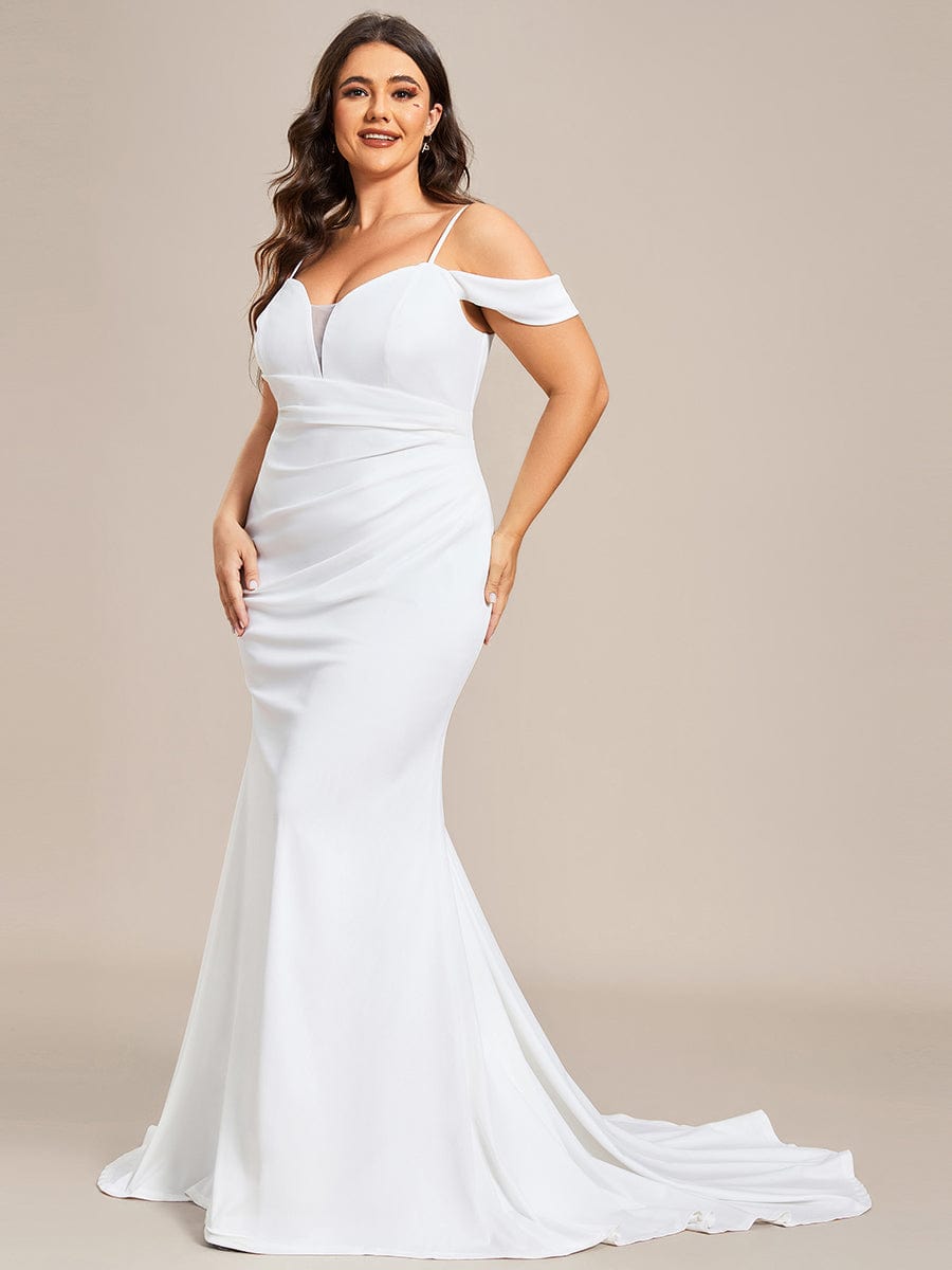 Plus Size Simple Off Shoulder Wedding Dress with Strap Fish Tail Hemline #color_White