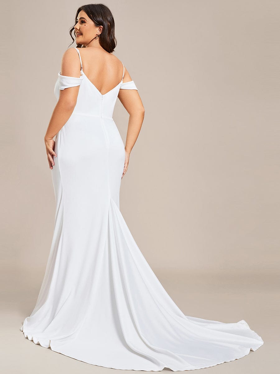 Simple Off Shoulder Wedding Dress with Strap Fish Tail Hemline #color_White