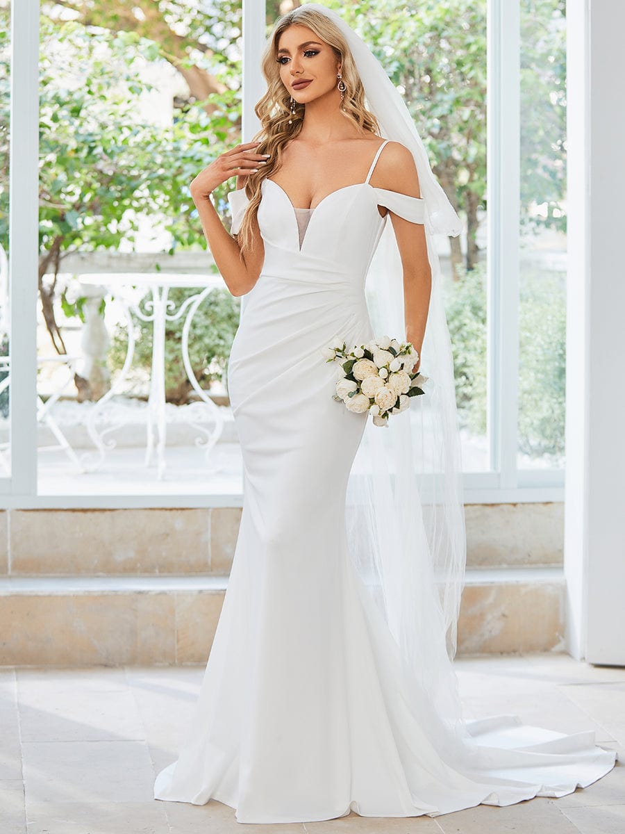 Simple Off Shoulder Wedding Dress with Strap Fish Tail Hemline #color_White