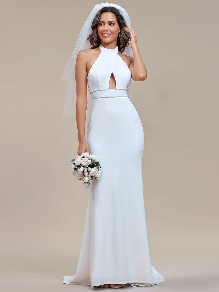 Sleeveless Halter Neck Backless Mermaid Wedding Dress #color_White