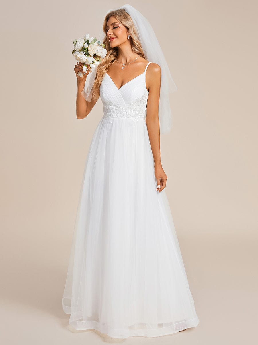 Spaghetti Straps V-Neck Applique Wedding Dress #color_White