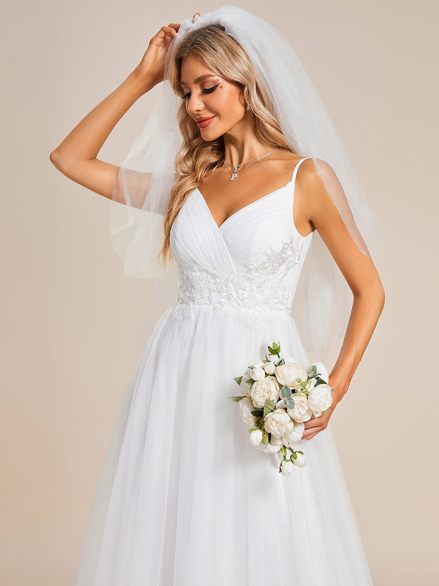 Spaghetti Straps V-Neck Applique Wedding Dress #color_White