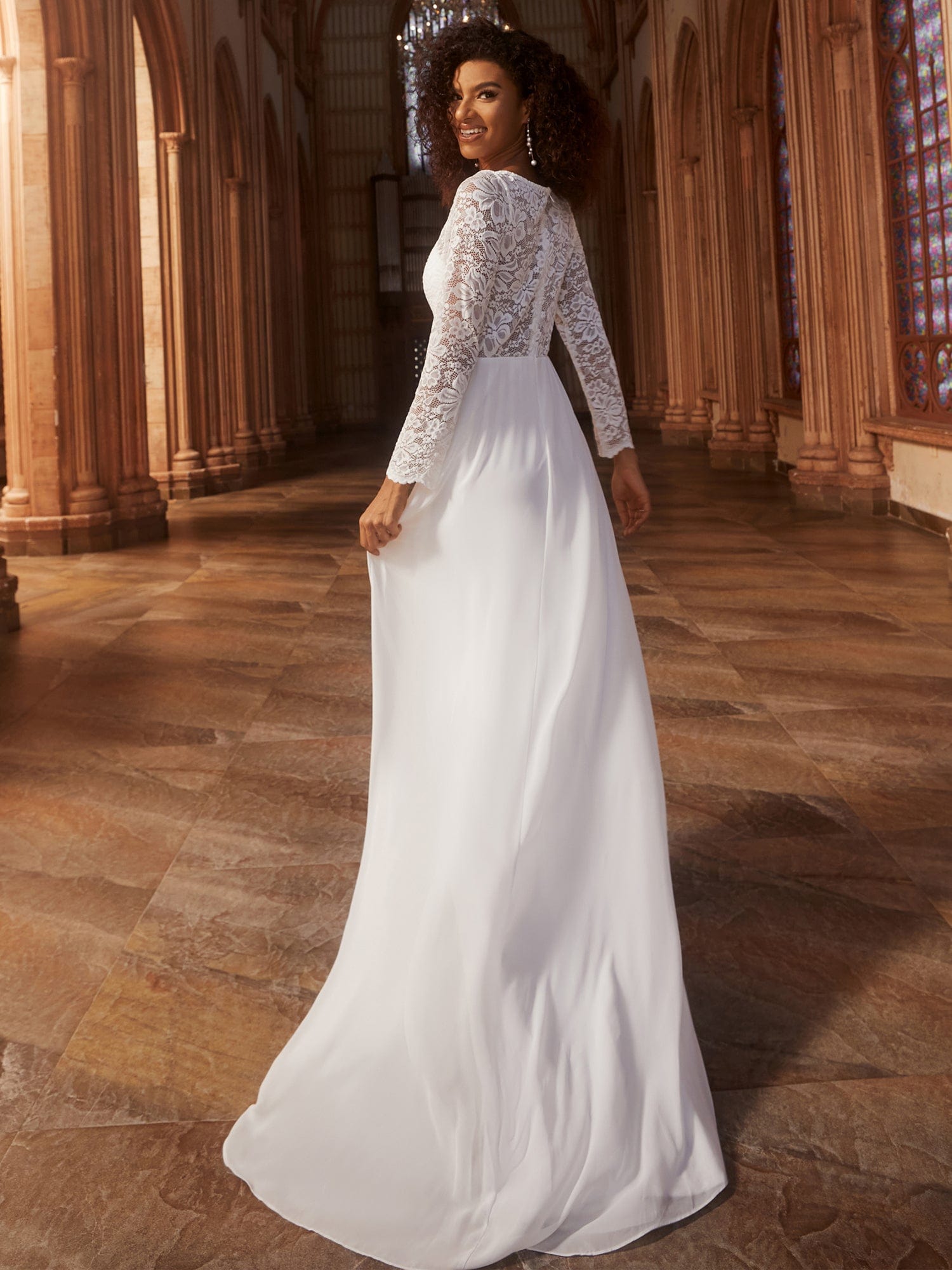 Elegant Lace Chiffon Long Sleeves A-Line Wedding Dress #color_White