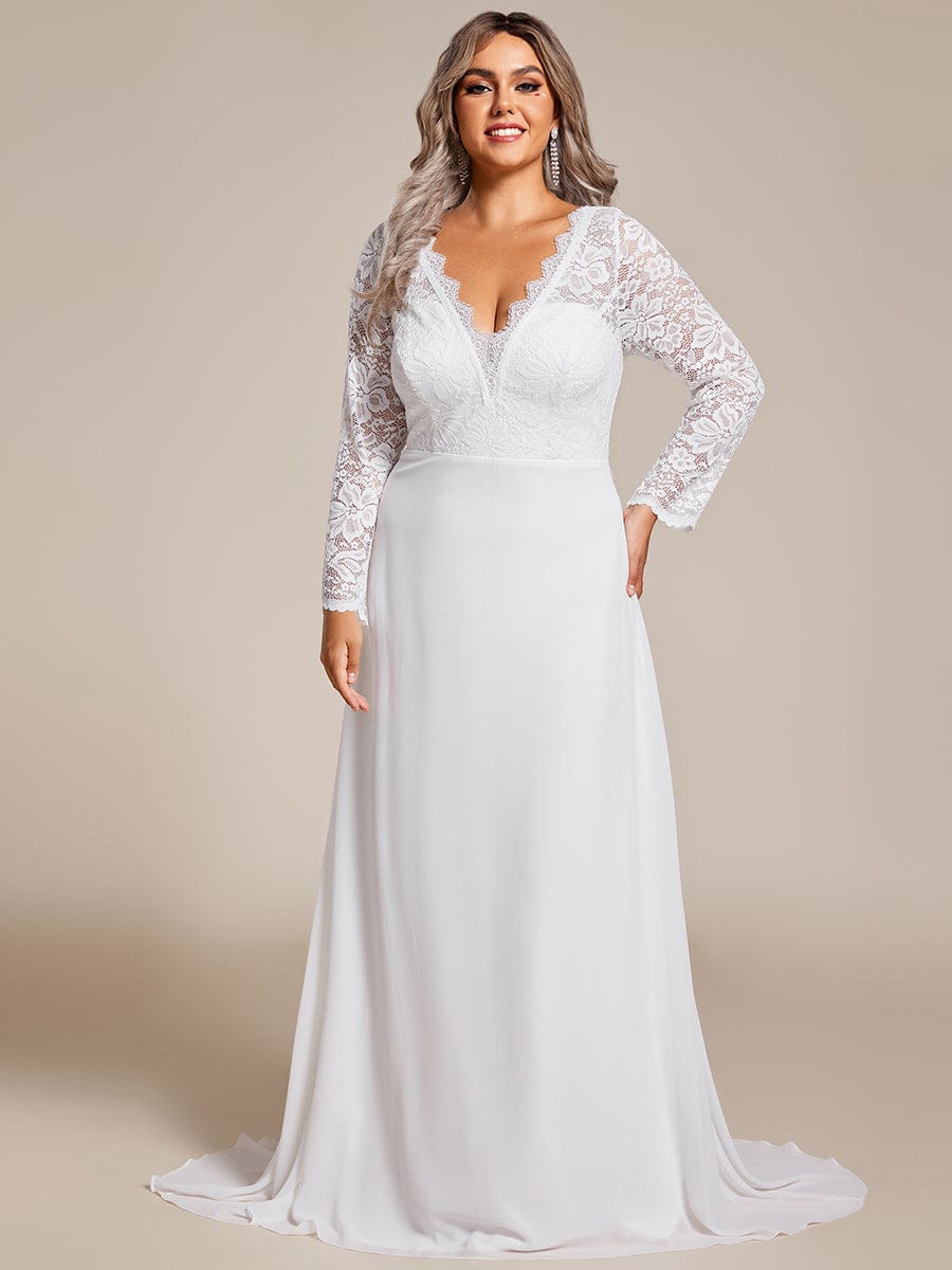 Plus Size Elegant Lace Chiffon Long Sleeves A-Line Wedding Dress #color_White