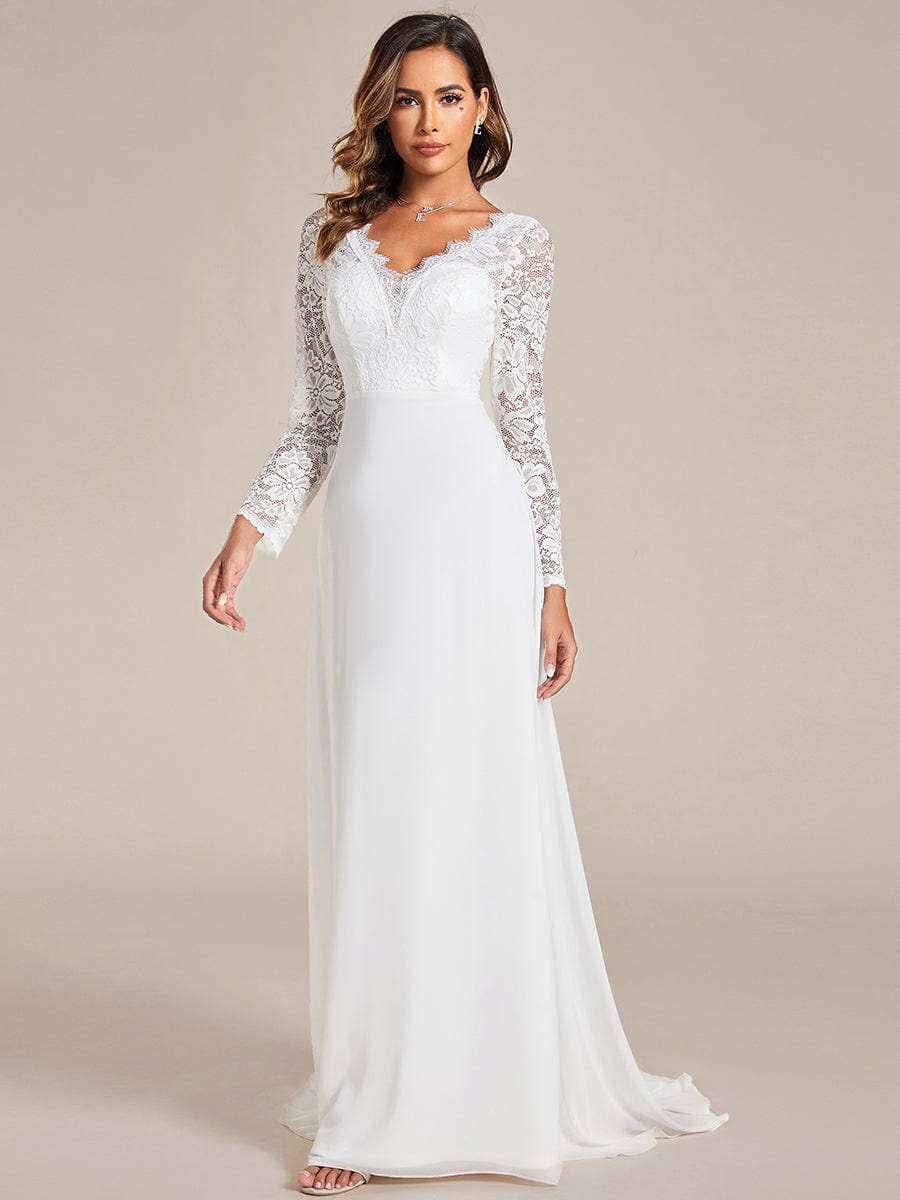 Elegant Lace Chiffon Long Sleeves A-Line Wedding Dress #color_White