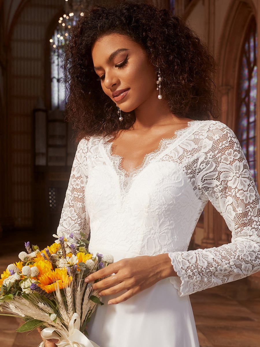 Elegant Lace Chiffon Long Sleeves A-Line Wedding Dress #color_White