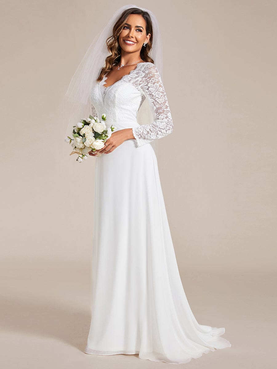 Elegant Lace Chiffon Long Sleeves A-Line Wedding Dress #color_White