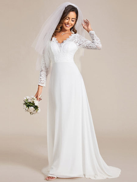 Elegant A Line Chiffon Wedding Dress with Lace Sleeves Ever Pretty UK