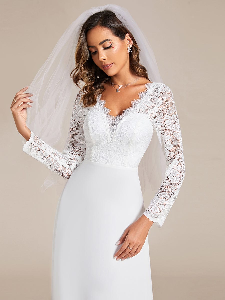 Elegant Lace Chiffon Long Sleeves A-Line Wedding Dress #color_White