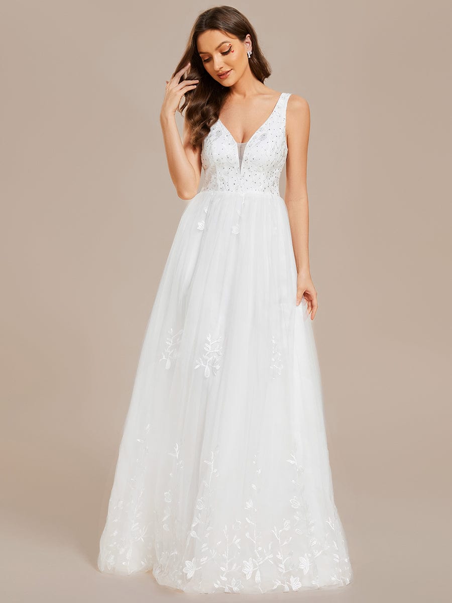 Sleeveless V-Neck A Line Embroidered Wedding Dress #color_White