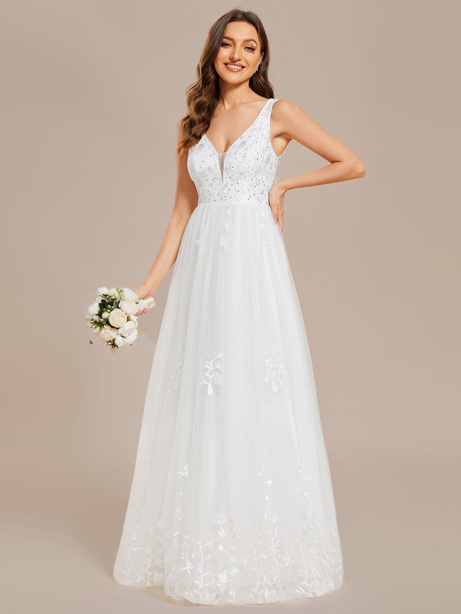 Sleeveless V-Neck A Line Embroidered Wedding Dress #color_White